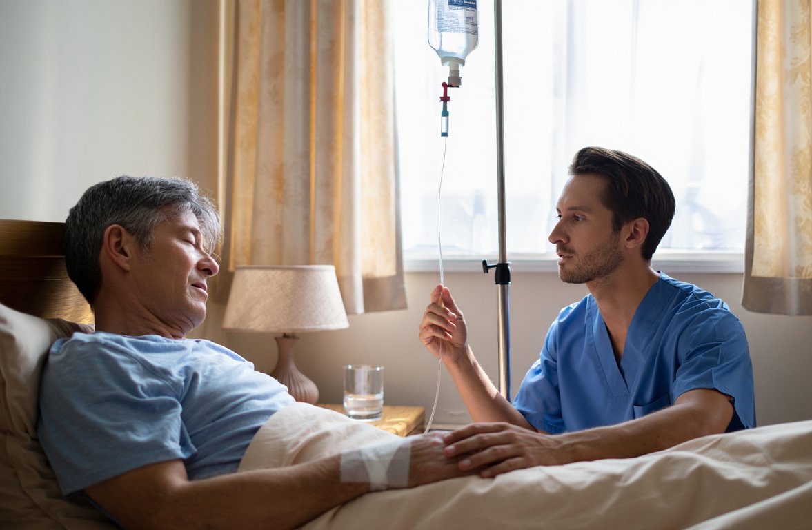 Вывод из запоя на дому: врач устанавливает капельницу пациенту